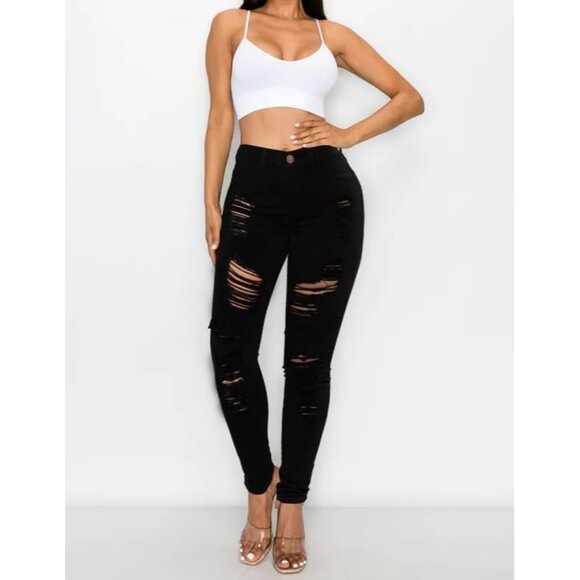 Women's High Waisted Ripped Skinny Jeans Polycotton Stretch Body Shaping - Picture 5 of 6